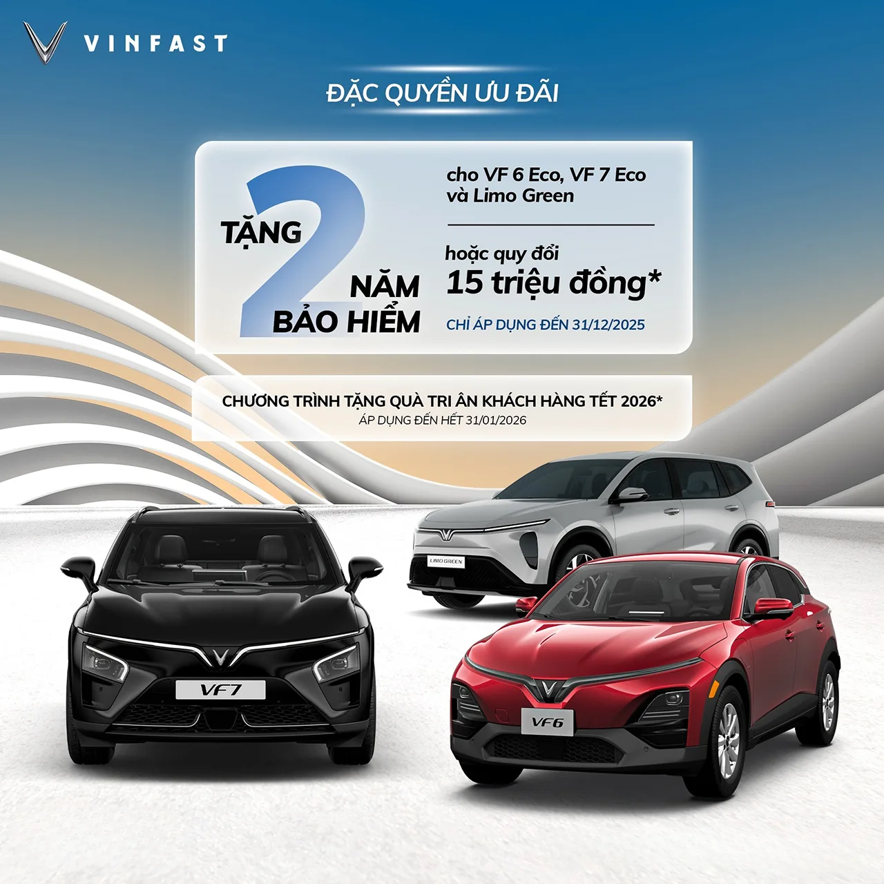 CHỈ HẾT 31/12 - TẶNG 2 NĂM BẢO HIỂM CHO VF 6 Eco, VF 7 Eco & LIMO GREEN